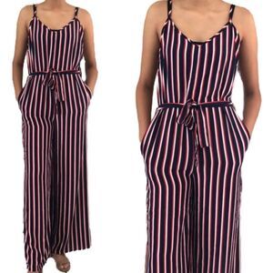 Ambiance Sleeveless Jumpsuit M Striped Pockets Adjustable Straps Red White Navy